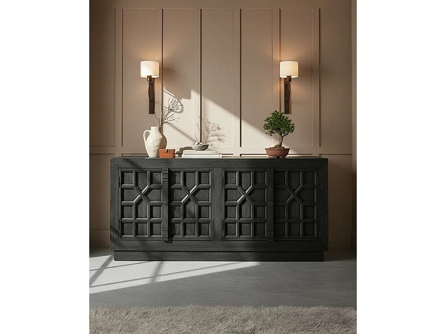 Zaraya - Buffet bas sculpté en bois massif de manguier 185 cm