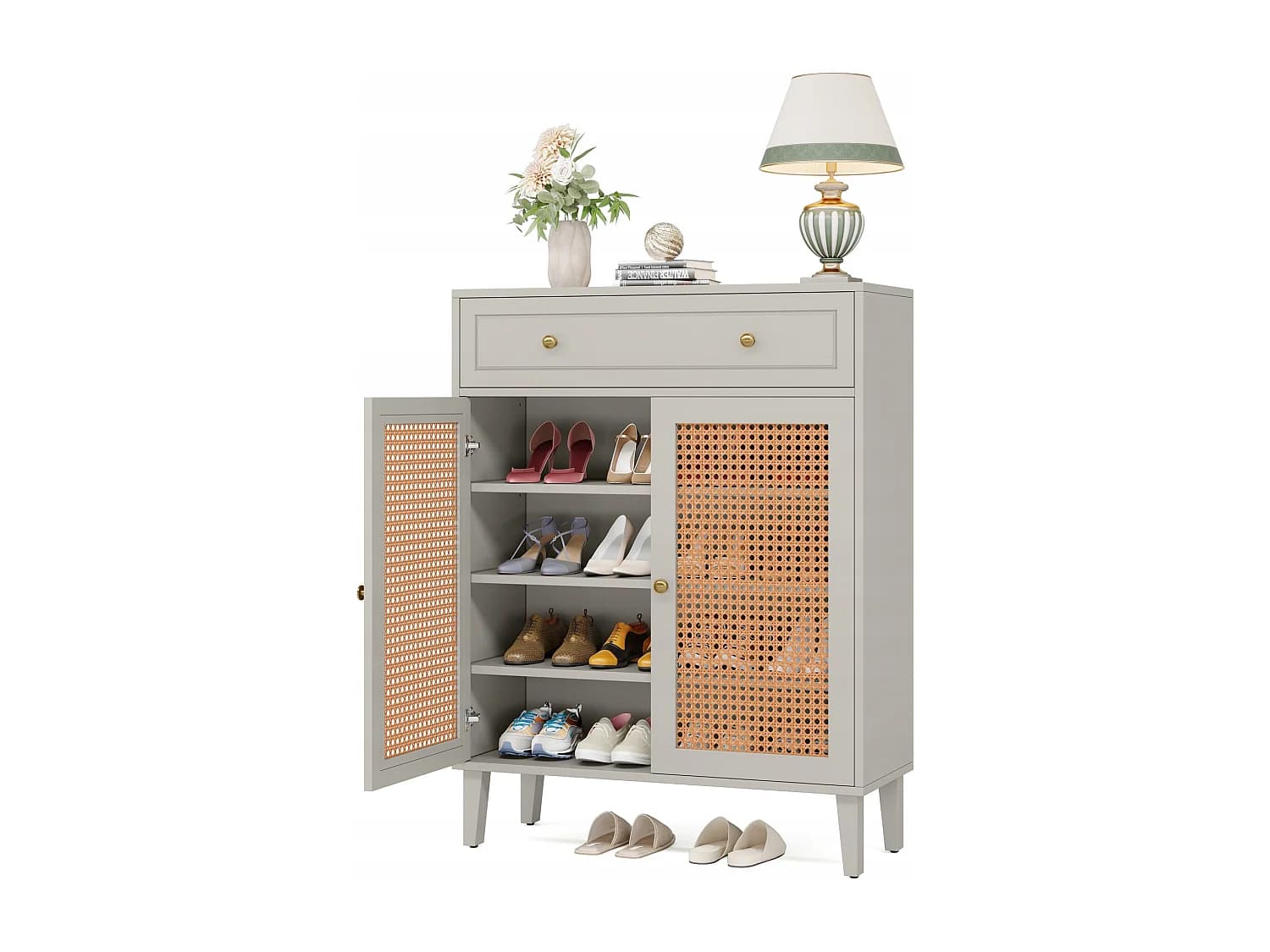 Meuble à chaussures moderne avec portes et tiroir, armoire à chaussures en rotin vert menthe avec étagère réglable