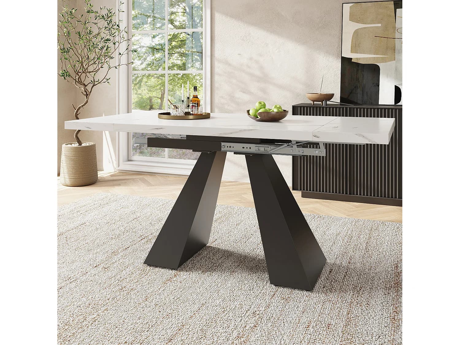 URBAN MEUBLE Table de salle à manger extensible système coulissant effet marbre blanc avec pieds en colonne 99-159cm