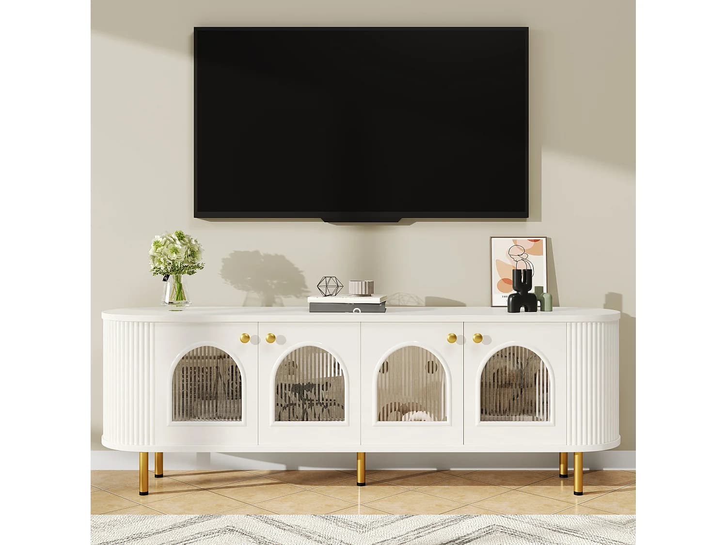 URBAN MEUBLE Meuble TV blanc style bohème cotés arrondis 4 portes en verre poignées et pieds dorés