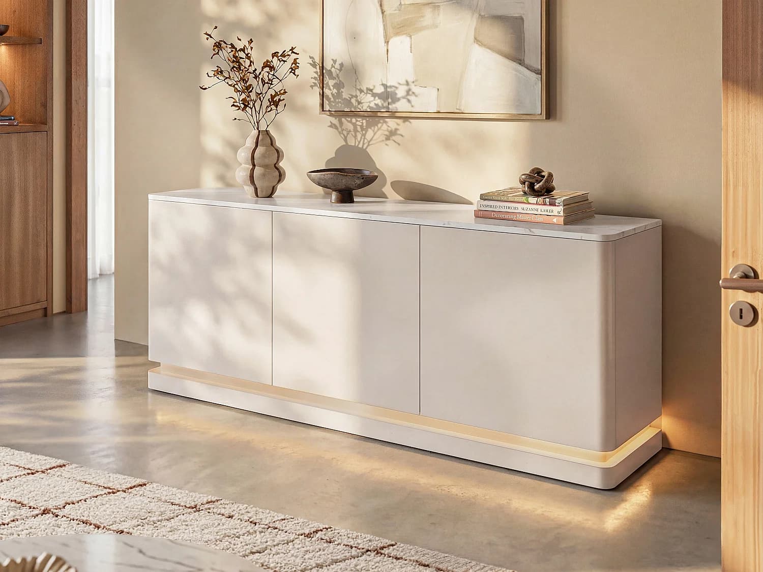 Buffet 3 portes avec LEDs en MDF - Beige et effet marbre blanc - DEVIKA