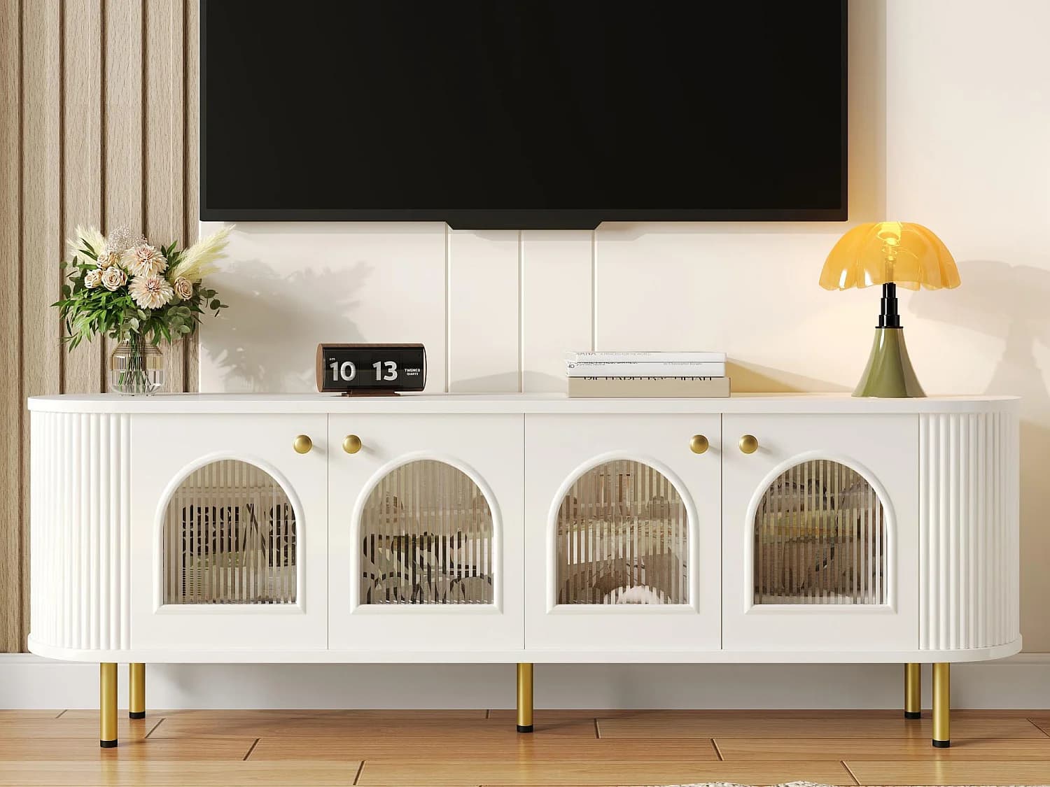 Meuble TV 170x35x55cm - avec 4 portes vitrées - poignées et pieds dorés - Blanc