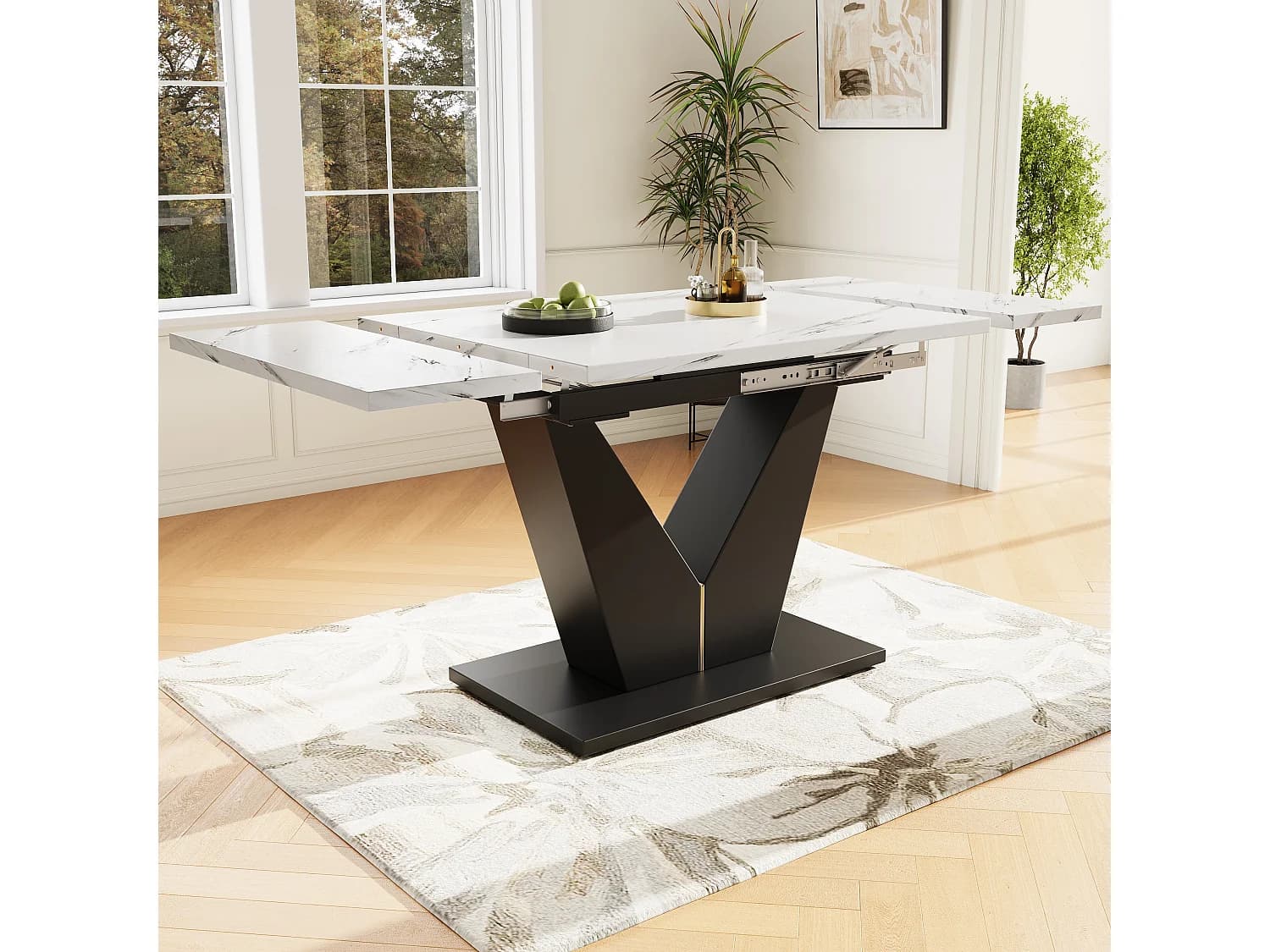 Table à manger extensible 4 à 6 couverts - 99/159 x 75 x 75 cm - MDF + Pieds en métal - Effet marbre - Blanc + noir