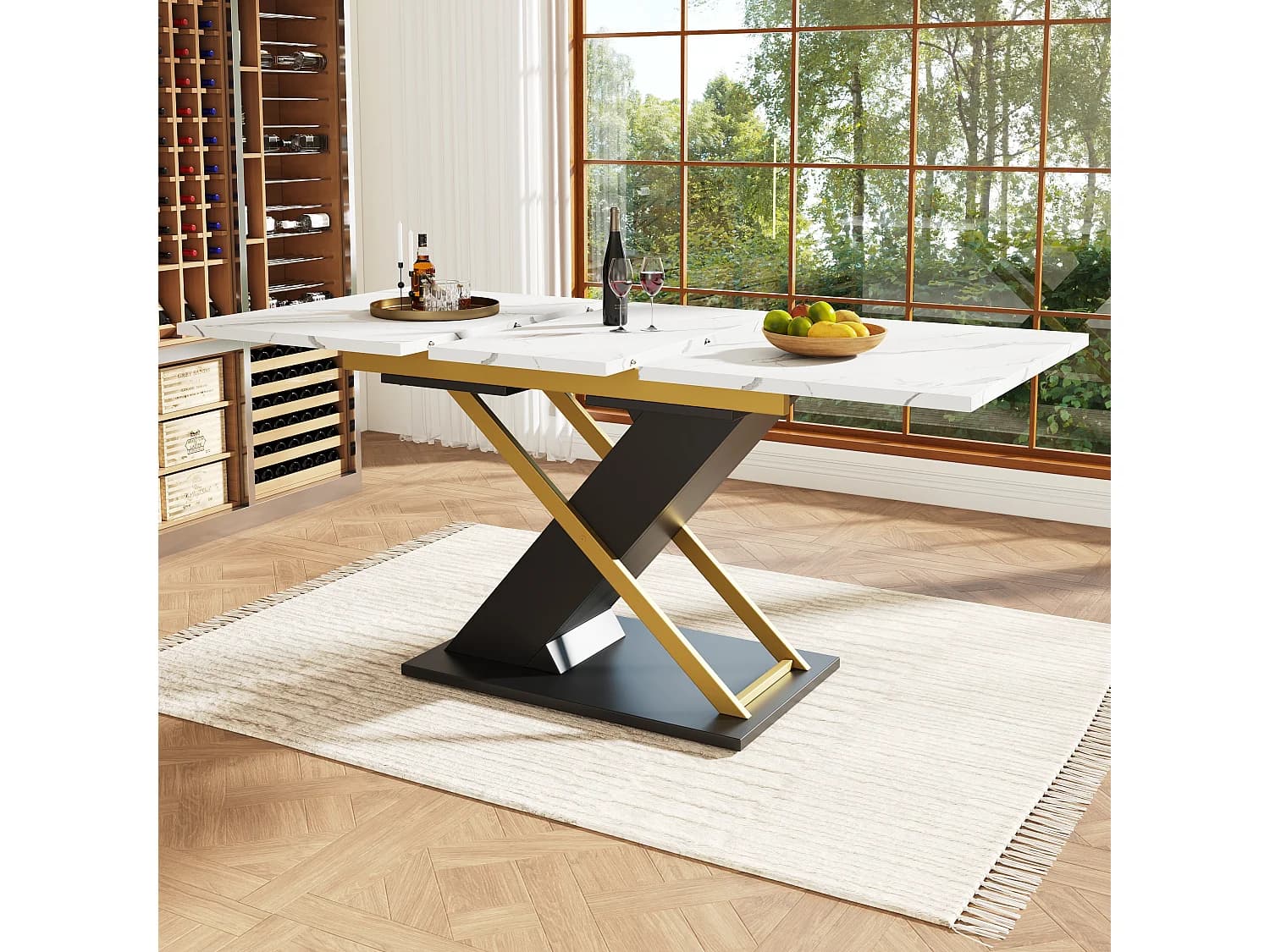 Table à manger extensible 4 à 6 couverts - 120/160 x 80 x 75.4 cm - MDF + Pieds en métal crosés - Blanc + noir