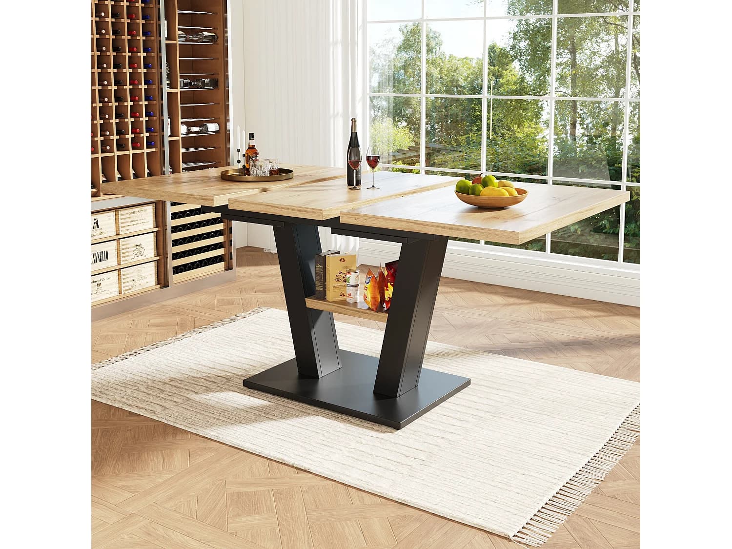 Table à manger extensible 4 à 6 couverts - 118/157 x 70 x 75 cm - Plateau extensible - MDF + Pieds en métal - Naturel + noir