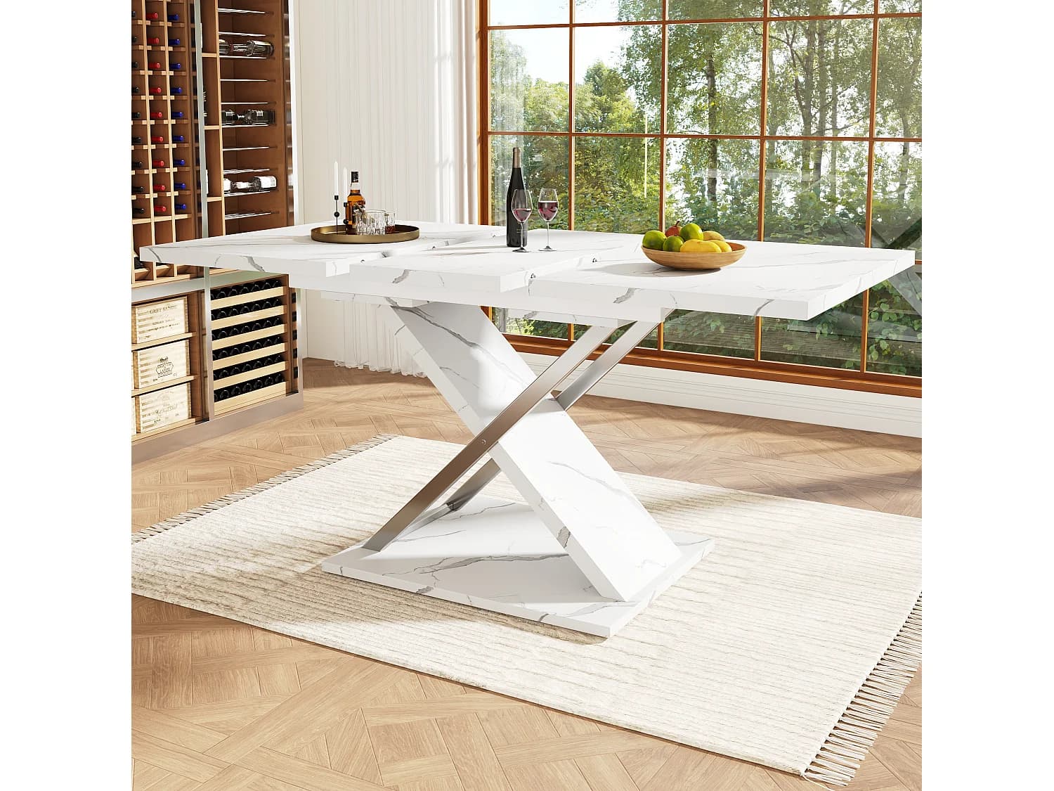 Table à manger extensible 4 à 6 couverts - 118/157 x 70 x 75 cm - Plateau en aspect marbre - MDF et métal - Blanc