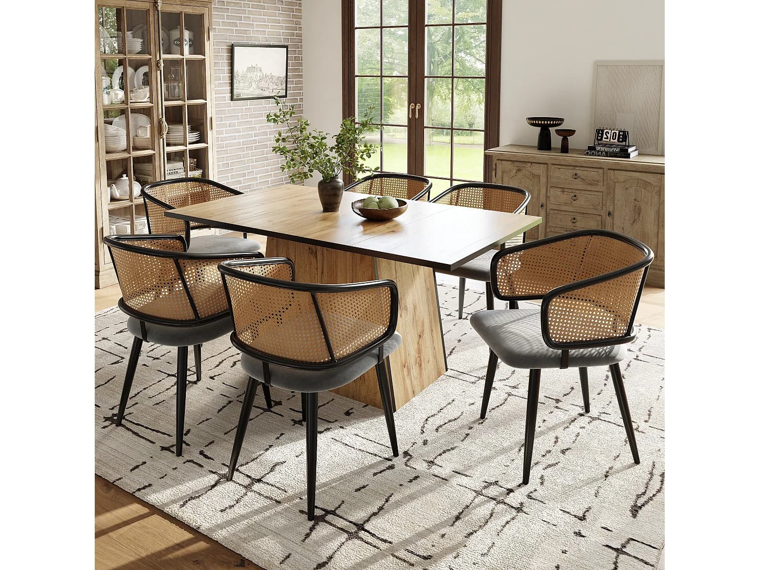 Lot de 6 chaises de salle à manger avec dossier en rotin - 51 x 47 x 79 cm - Fer, cuir PU, velours - Style moderne - Gris