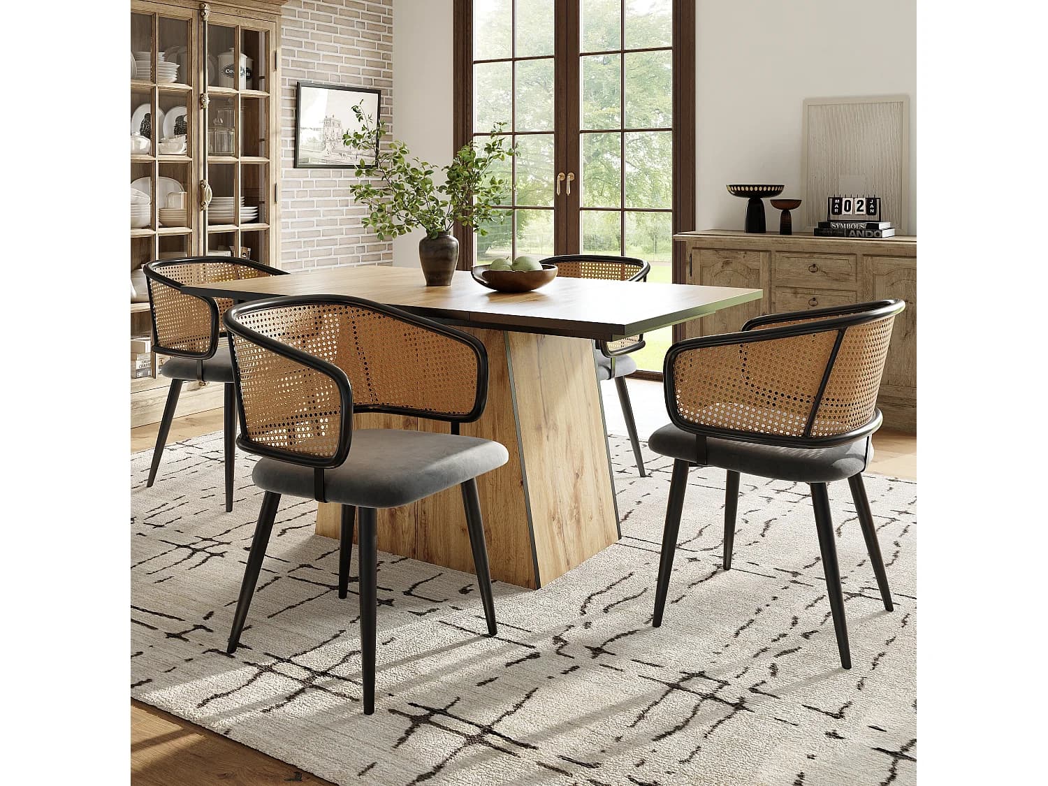 Lot de 4 chaises de salle à manger avec dossier en rotin - 51 x 47 x 79 cm - Fer, cuir PU, velours - Style moderne - Gris