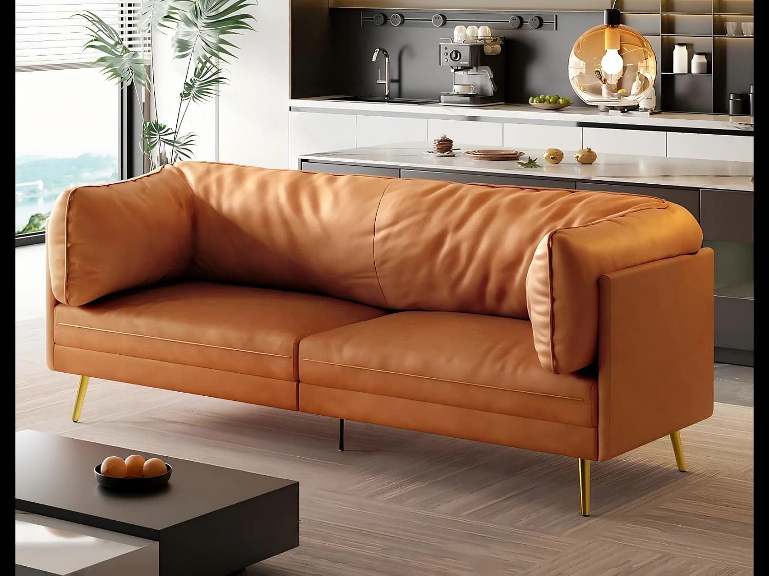 Canapé en simili orange, 2-3 places, avec 56cm coussins d'assise profonds et confortables, 185x76x90cm