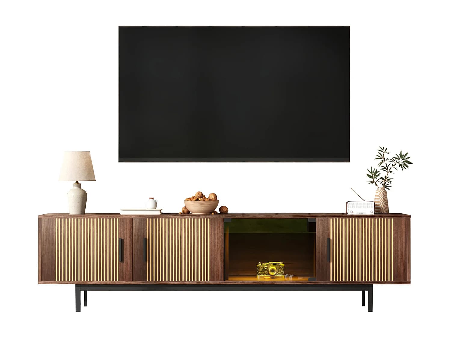 Meuble TV avec 3 portes en bois et 1 porte en verre - 200 x 35 x 53 cm - LEDs - MDF et panneaux de particules - Noir et nois