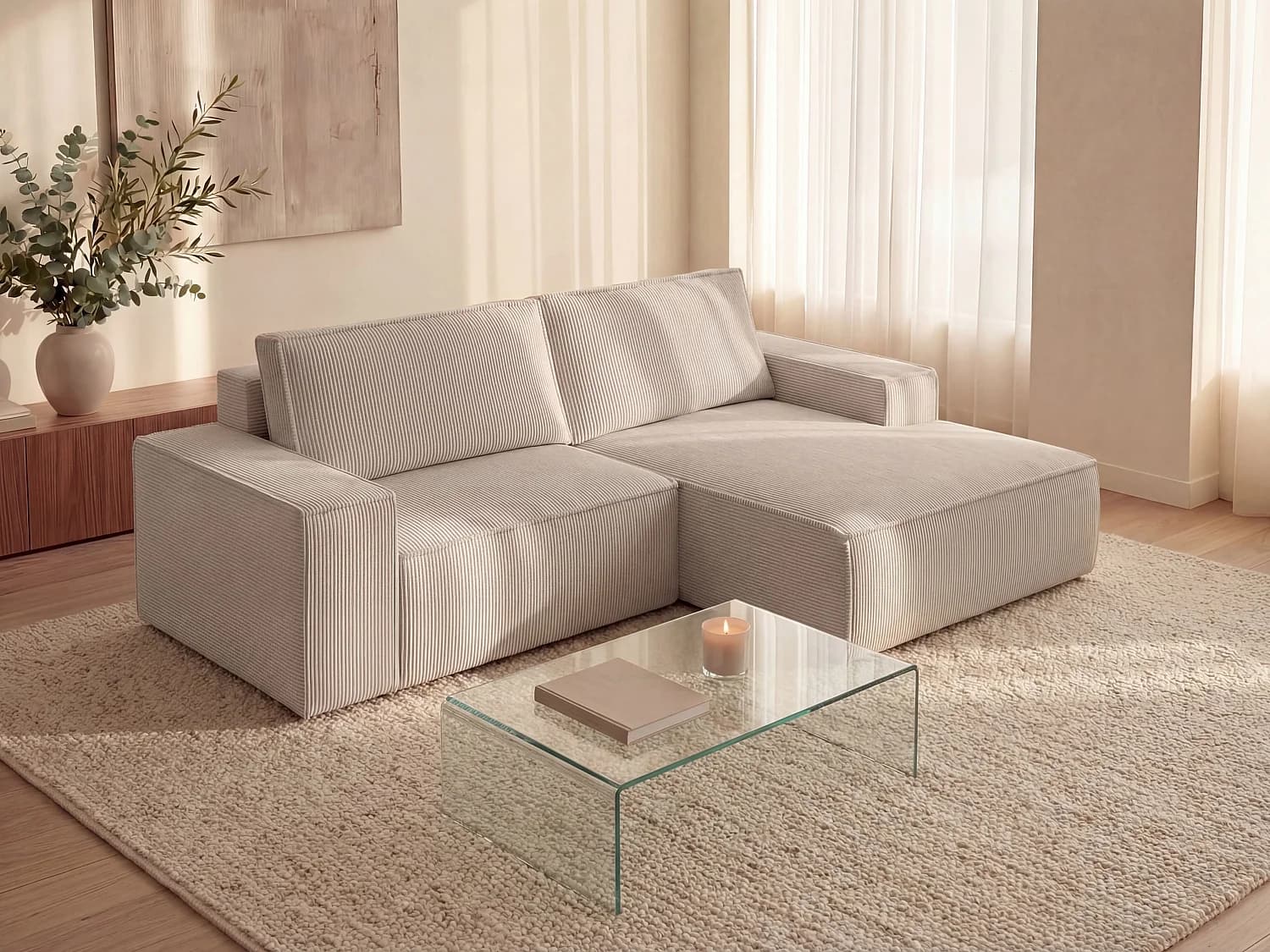 Petit canapé d'angle droit convertible en velours côtelé beige AMELIA