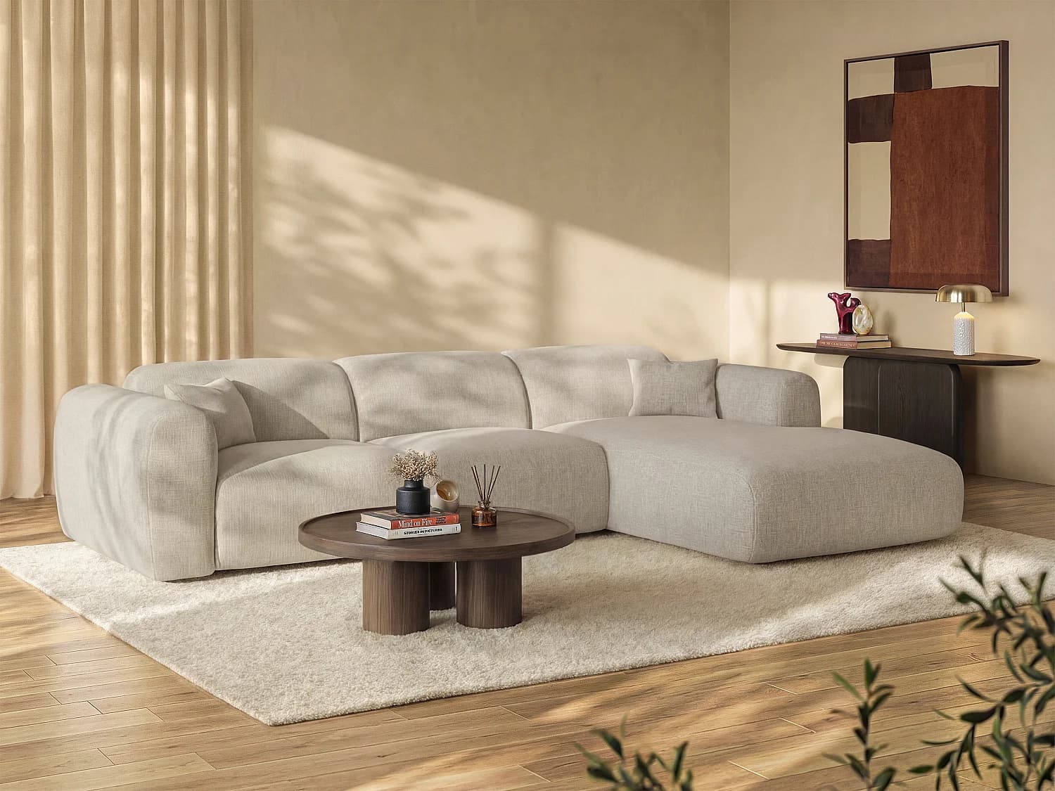 Grand canapé d'angle droit convertible express en tissu chiné beige - Couchage 140 cm - Matelas 13 cm mémoire de forme POGNI