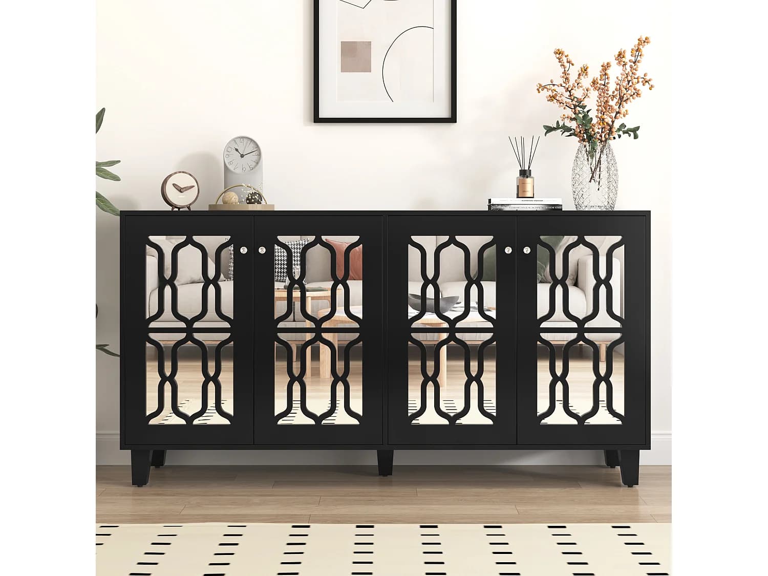 URBAN MEUBLE Buffet noir design 4 portes miroir motif géométrique et poignées en cristal froid 160*40*84cm