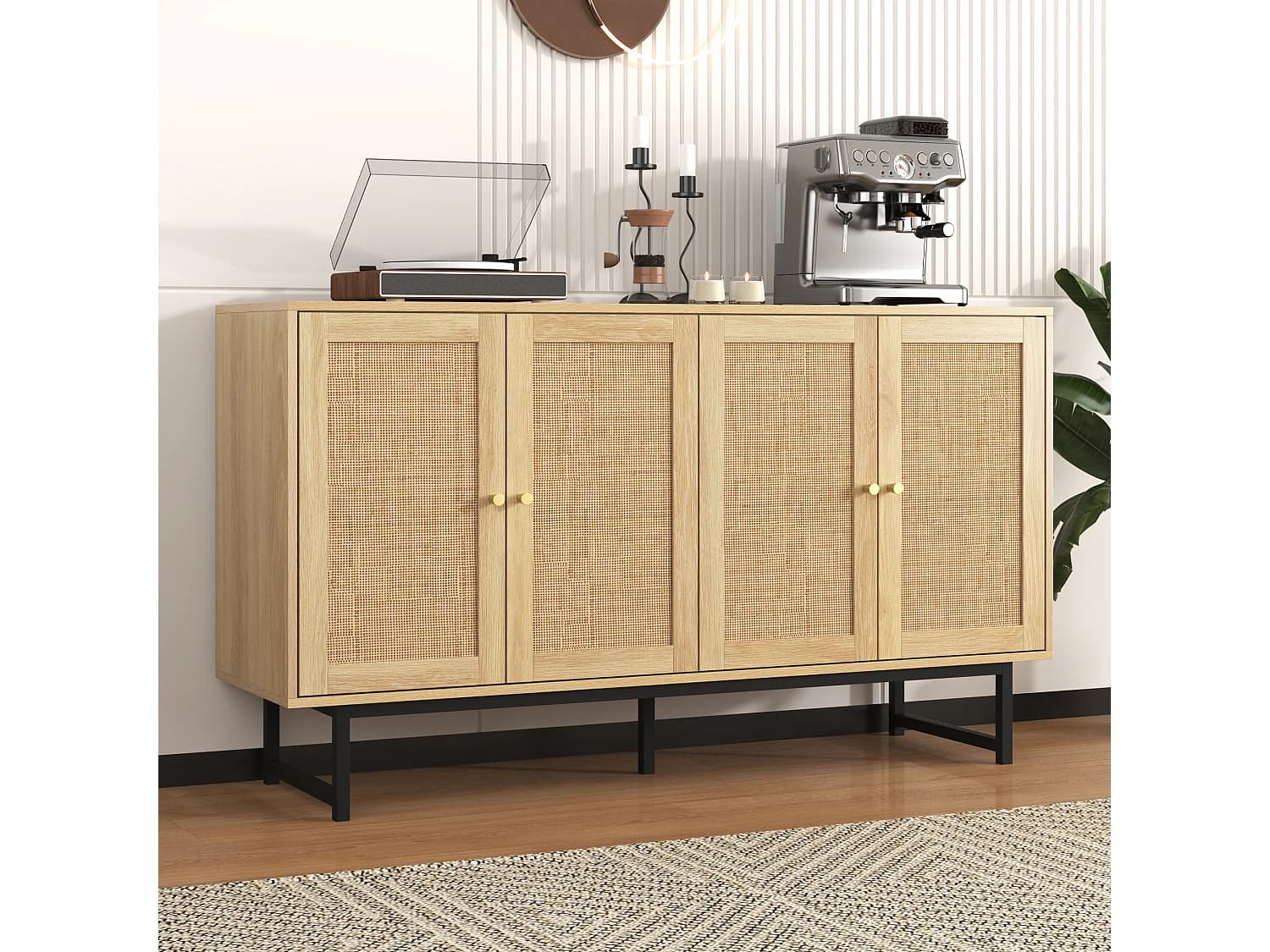 URBAN MEUBLE Buffet naturelle effet bois 4 portes en rotin 140*39*80cm