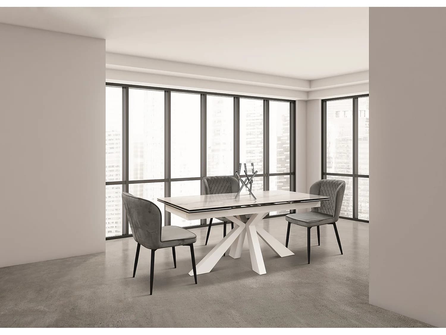 Table en vitrocéramique effet marbre, métal blanc, extensible 160x90 - BEVERLY HILLS