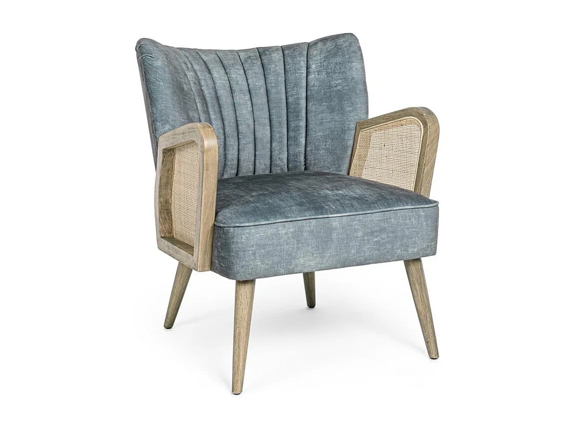 Fauteuil en tissu effet velours bleu clair, pieds et accoudoirs en bois - VIRNA