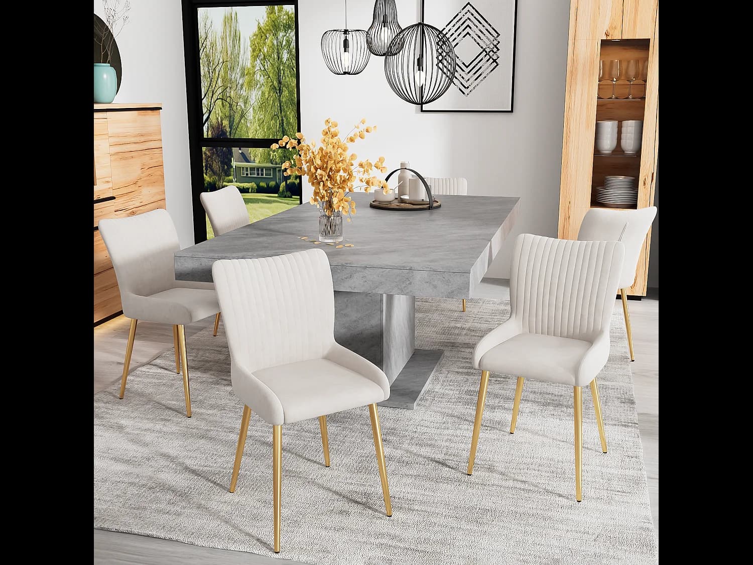 Lot de 6 chaises velours - 85 x 58 x 47 cm - chaise salon de luxe - quatre pieds en métal doré - beige