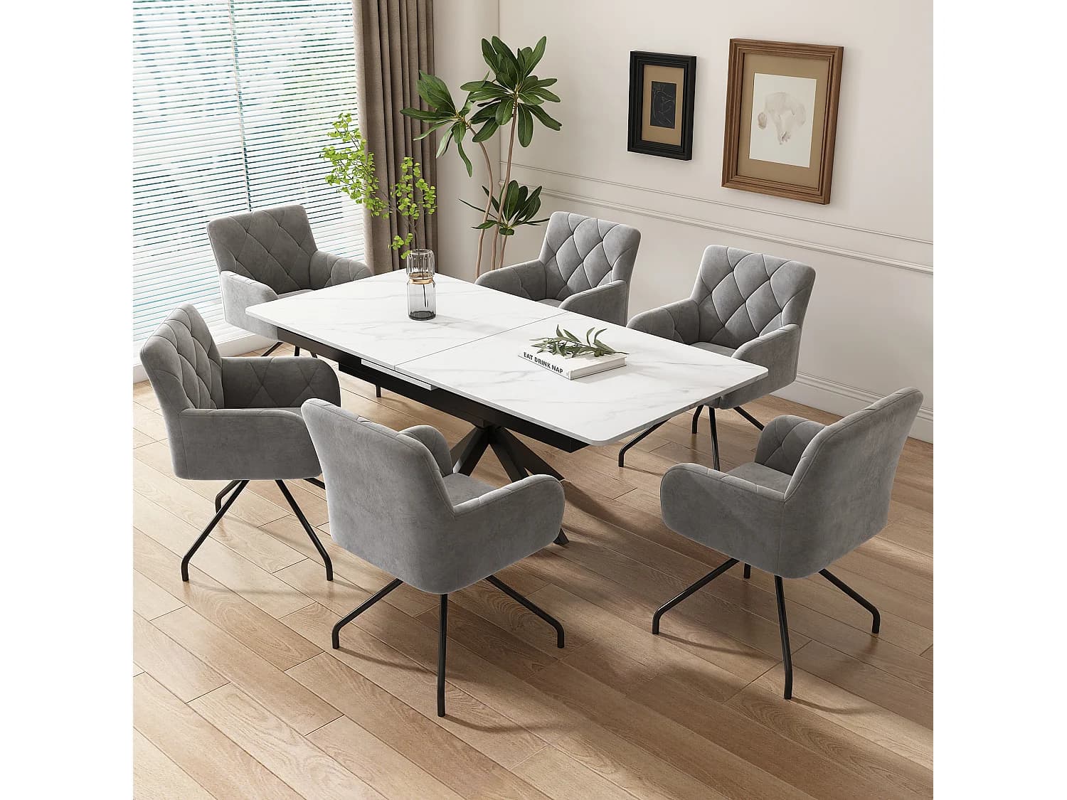 Lot de 6 chaises de salle à manger en velours - 85 x 49 x 49 cm - fauteuil rembourré avec 4 pieds en métal -avec soutien lombaire - gris