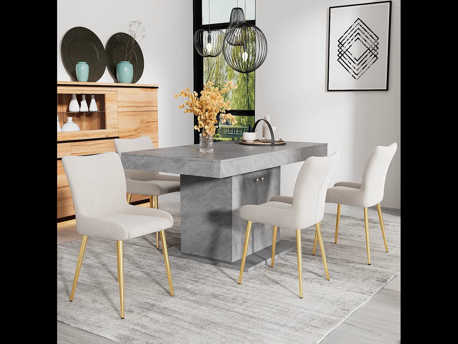 Lot de 6 chaises velours - 85 x 58 x 47 cm - chaise salon de luxe - quatre pieds en métal doré - beige