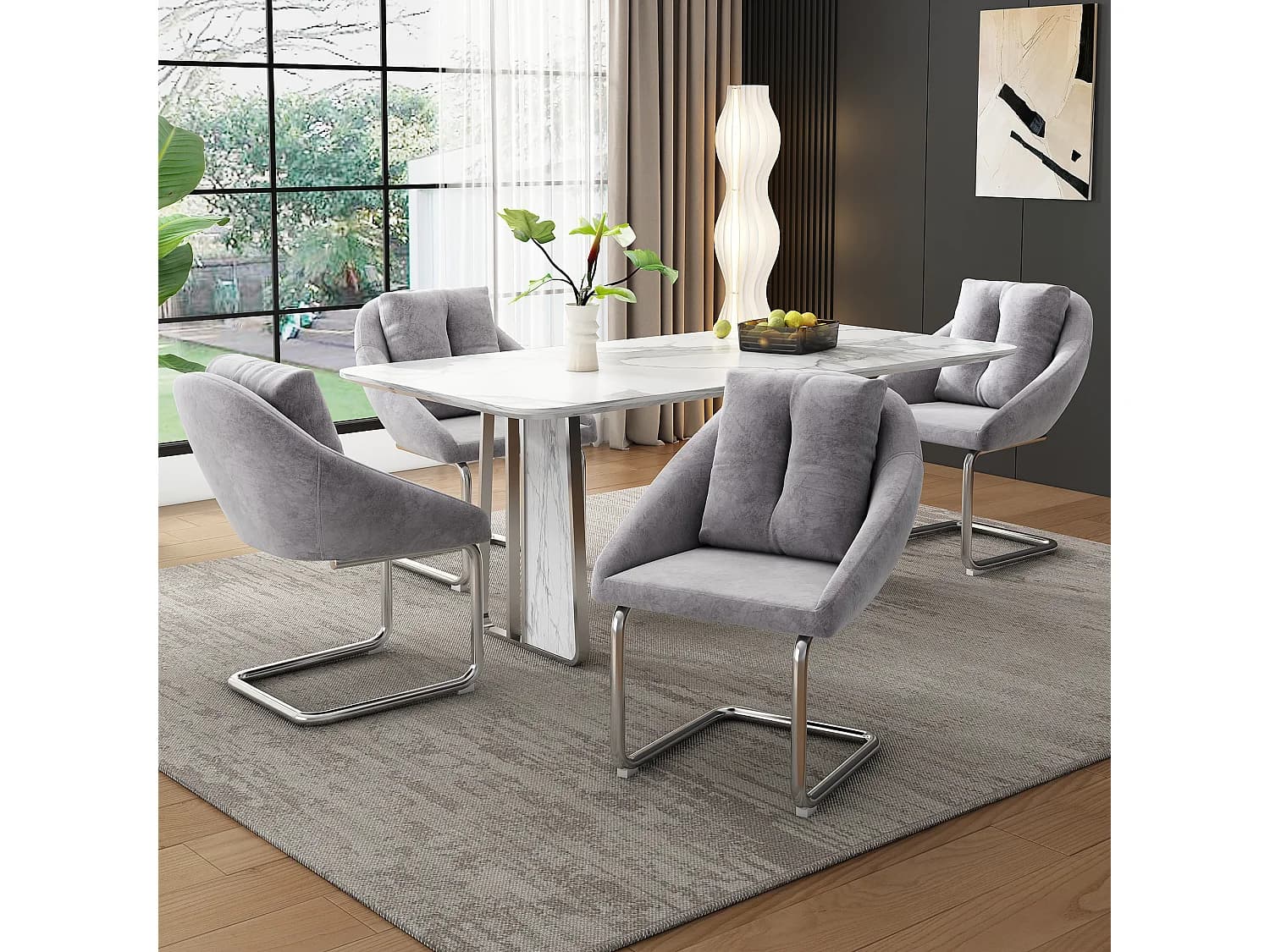 Lot de 4 Chaises de en velours - 82 x 57 x 54 cm - avec coussins - pivotante de luxe pour salon et chambre - pieds arqués - gris