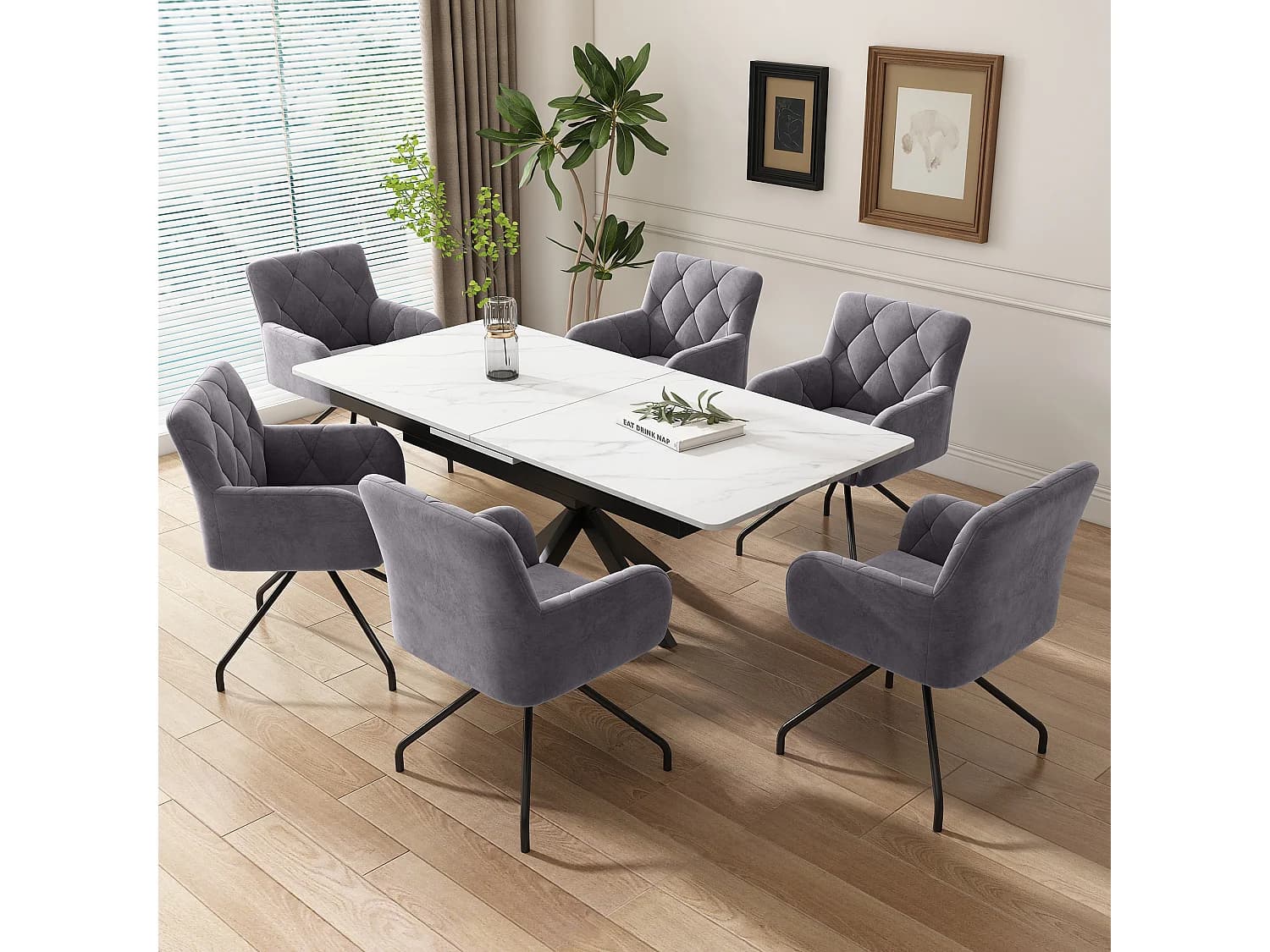 Lot de 6 chaises de salle à manger en velours - 85 x 49 x 49 cm - fauteuil rembourré avec 4 pieds en métal -avec soutien lombaire - gris