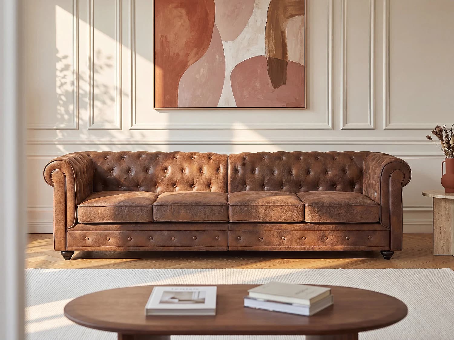 Canapé 4 places en microfibre aspect cuir vieilli CHESTERFIELD