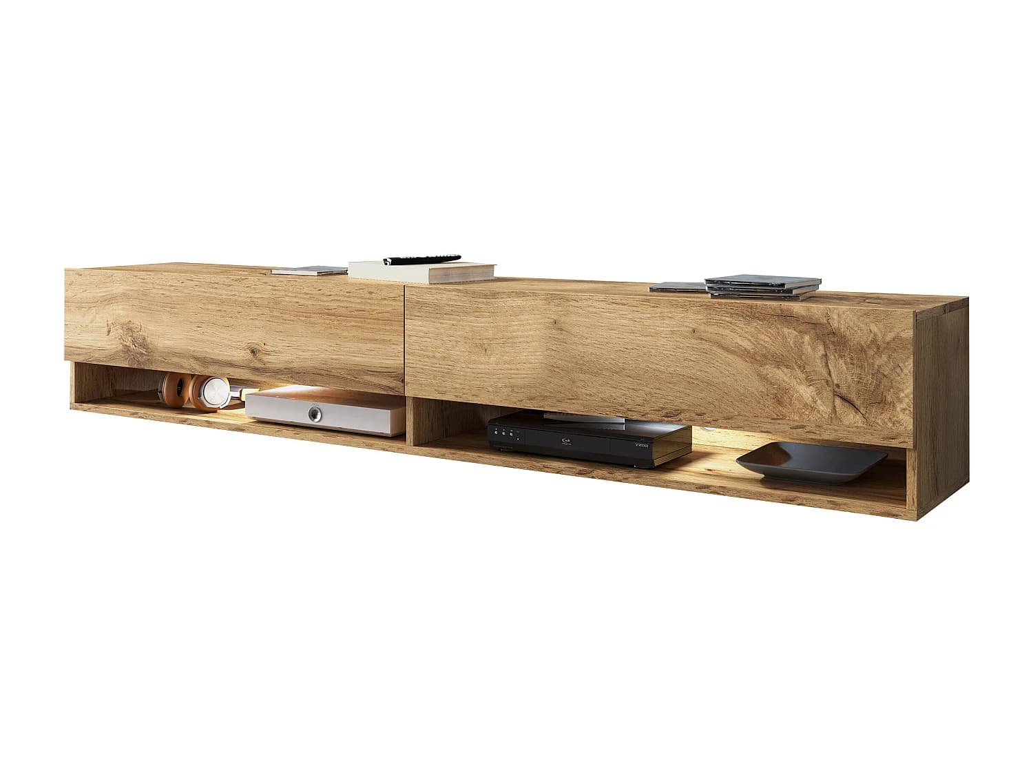 Meuble TV moderne 180 cm – sans poignées, coloris chêne Wotan, mat, posé ou suspendu