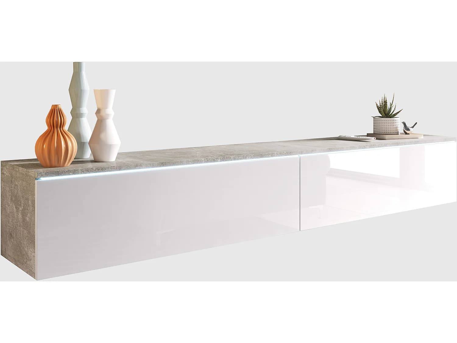 Meuble TV moderne 180 cm pour salon – 2 portes, sans poignées, mat + brillant, à poser ou à suspendre, béton smart / blanc brillant