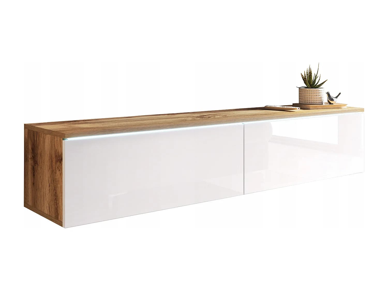 Meuble TV moderne 140 cm pour salon – 2 portes sans poignées, corps chêne wotan mat / façades blanc brillant, posé ou suspendu