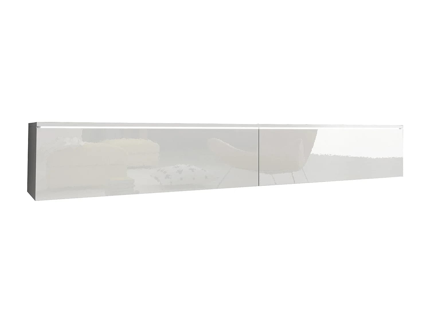 Meuble TV moderne 180 cm pour salon – 2 portes, sans poignées, mat + brillant, à poser ou à suspendre, blanc / blanc brillant