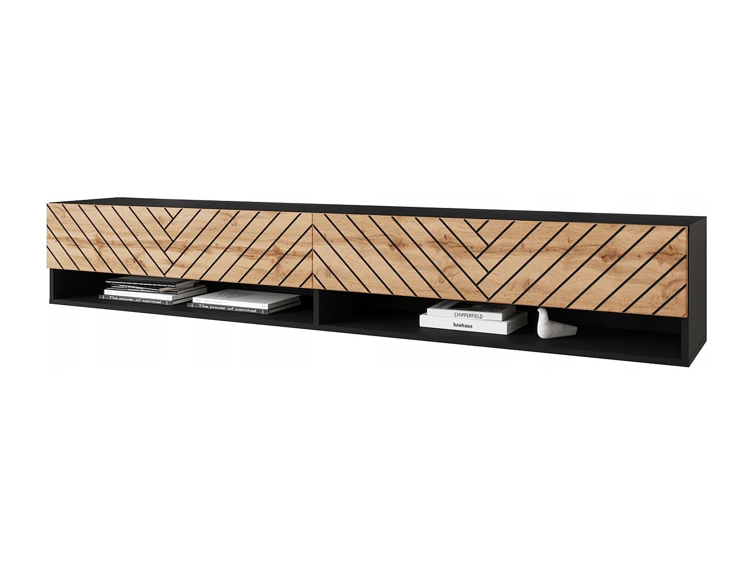Meuble TV moderne 180 cm – corps noir mat, façades MDF chêne wotan noir motif chevrons, sans poignées, posé ou suspendu