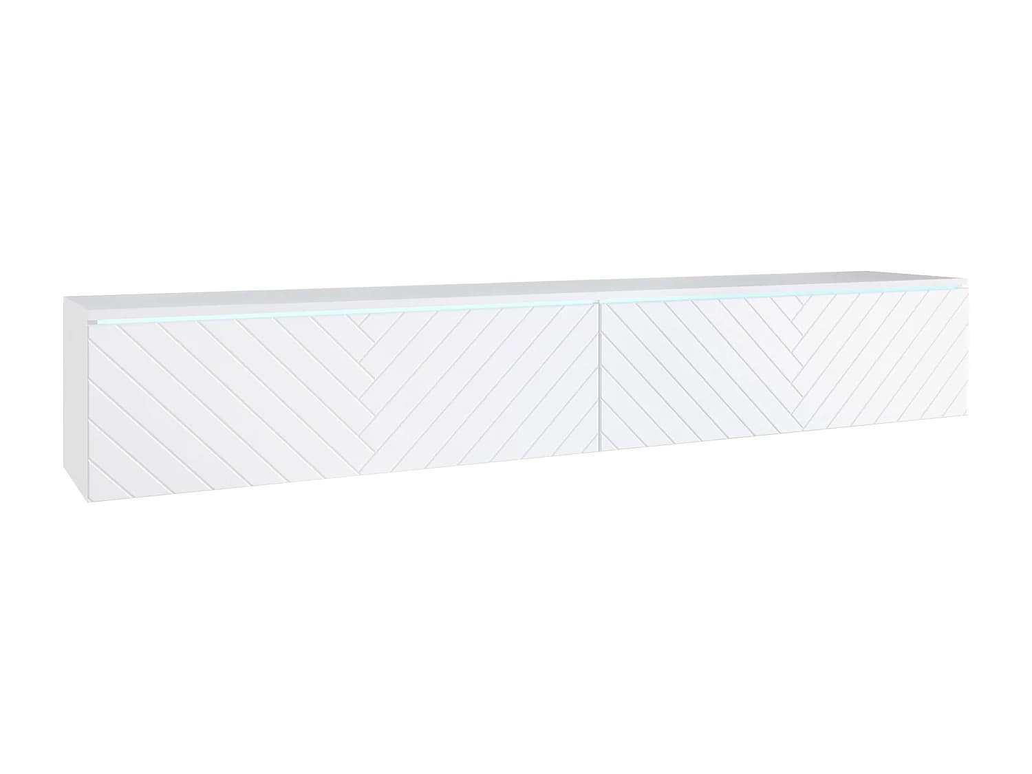 Meuble TV moderne 180 cm pour salon – 2 portes sans poignées, finition mate, posé ou suspendu, façades MDF motif chevron blanc mat