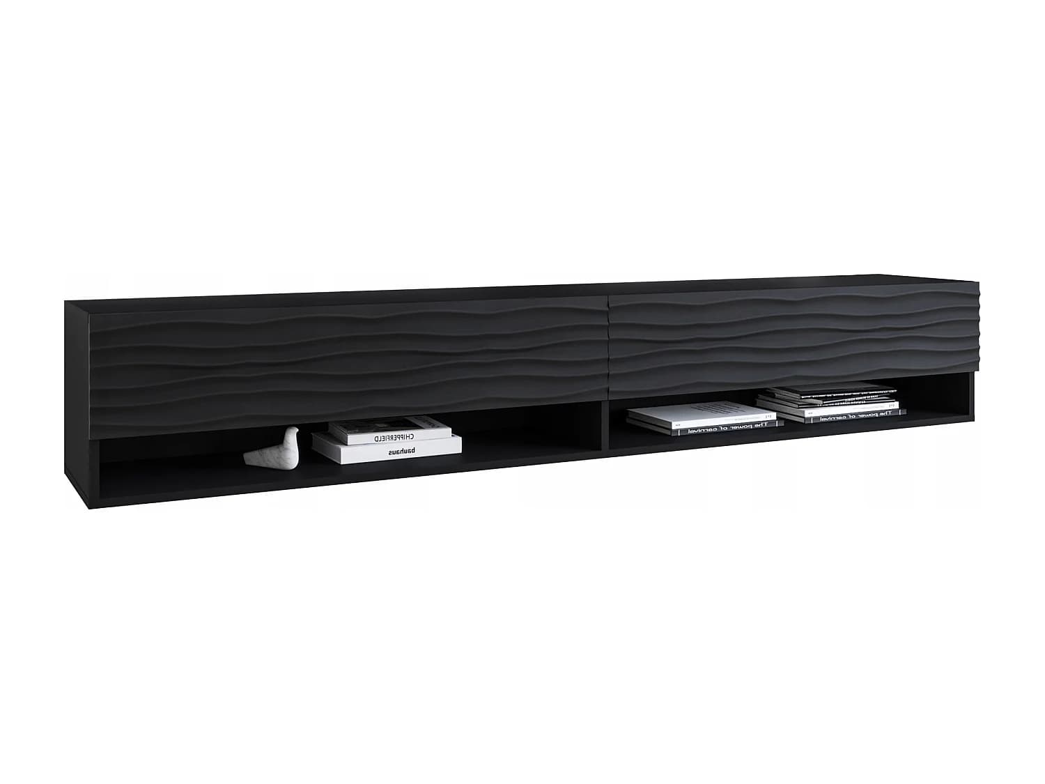 Meuble TV moderne 180 cm – corps mat, façades MDF ondulées, sans poignées, posé ou suspendu, couleur graphite noir mat