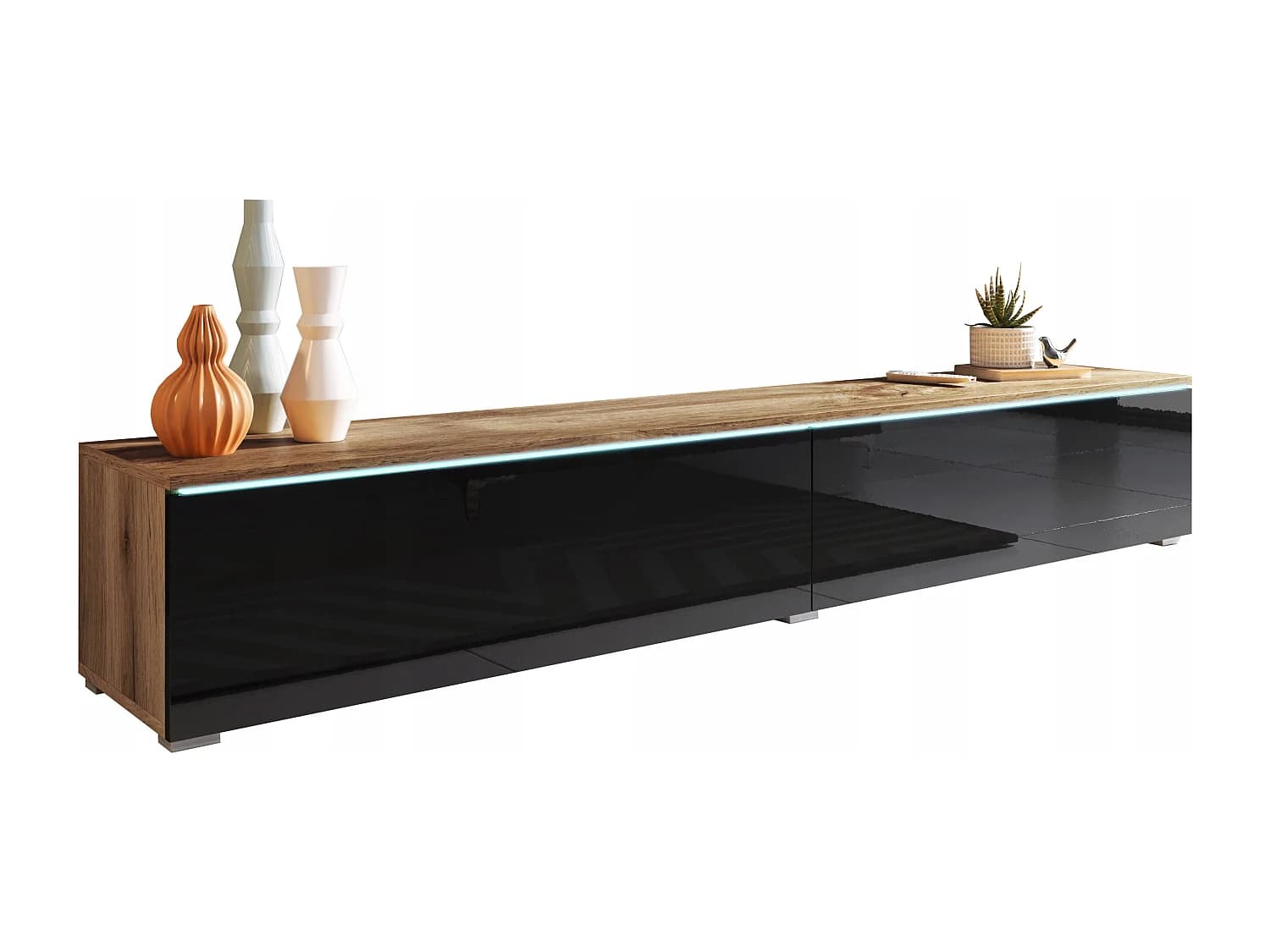 Meuble TV moderne 180 cm pour salon – 2 portes, sans poignées, mat + brillant, à poser ou à suspendre, chêne wotan / noir brillant