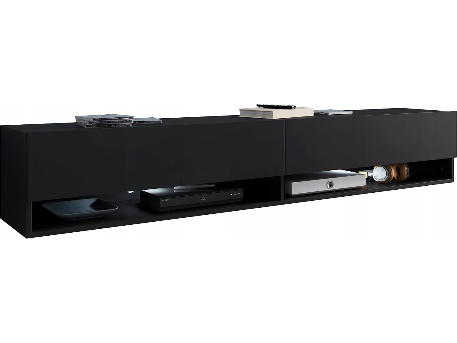 Meuble TV moderne 180 cm – sans poignées, coloris noir, mat, posé ou suspendu