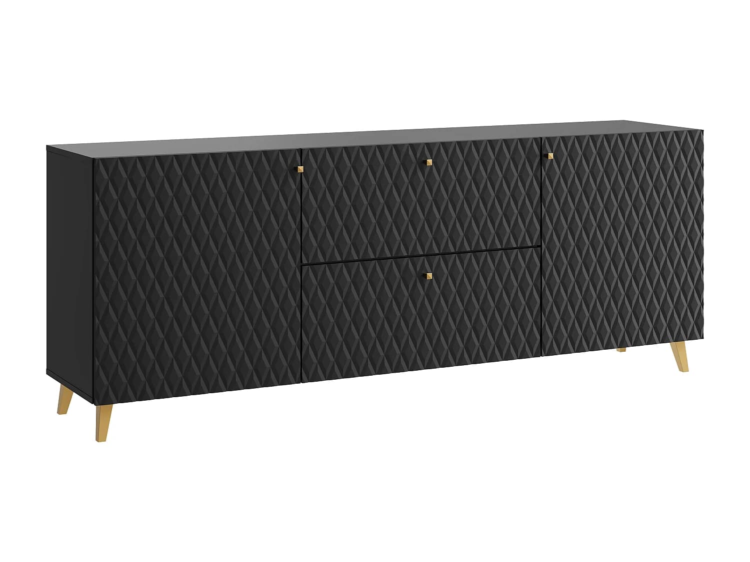 Lowboard moderne 180 cm noir avec façades à losanges, poignées dorées et pieds dorés