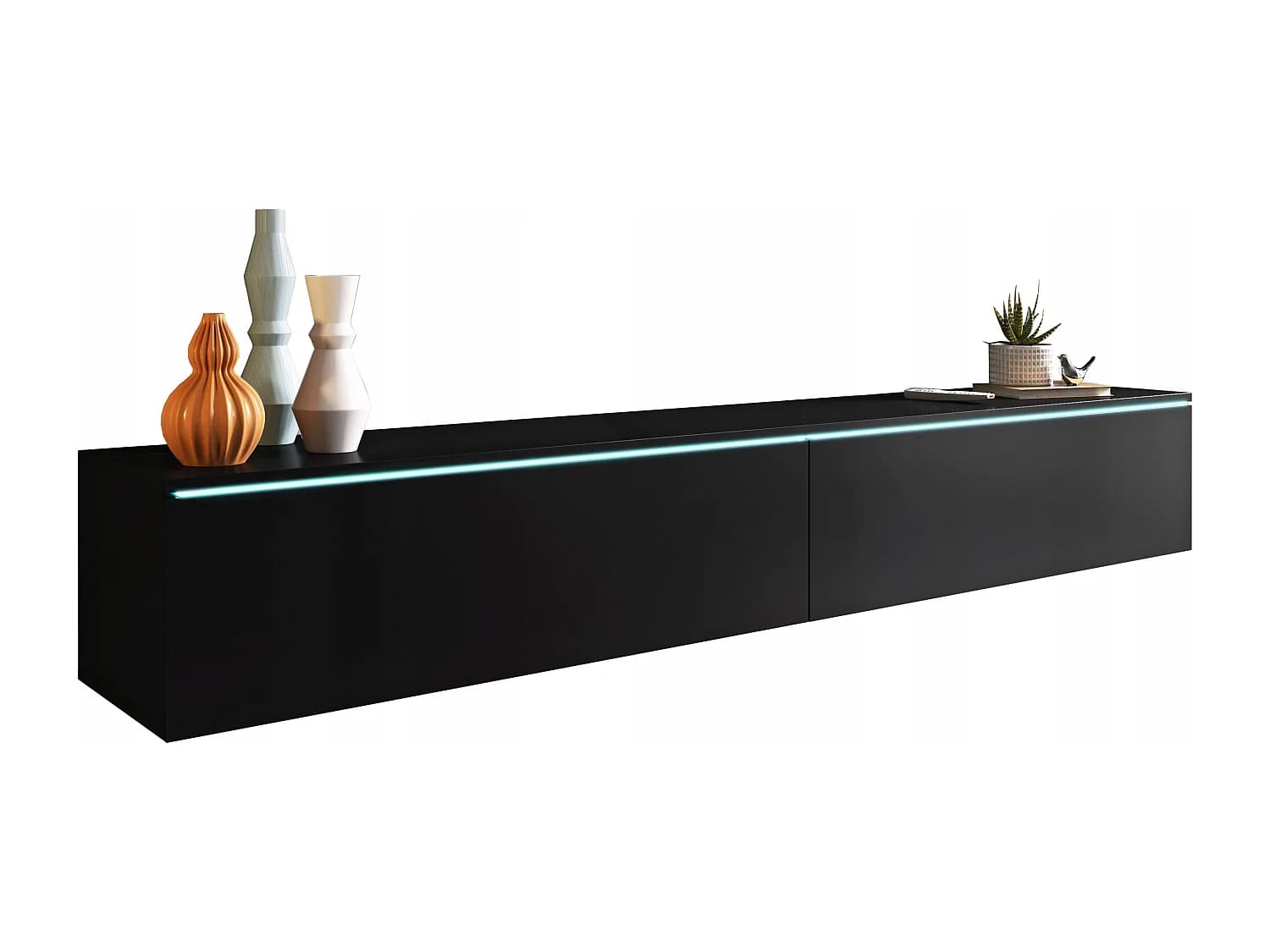 Meuble TV moderne 180 cm pour salon – 2 portes, sans poignées, finition mate, à poser ou à suspendre, graphite noir