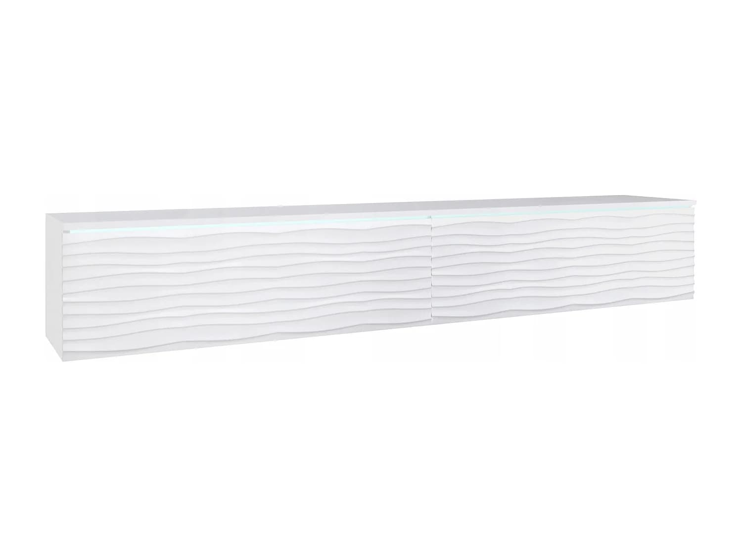 Meuble TV moderne 180 cm pour salon – 2 portes sans poignées, finition mate, posé ou suspendu, façades MDF ondulées blanc mat