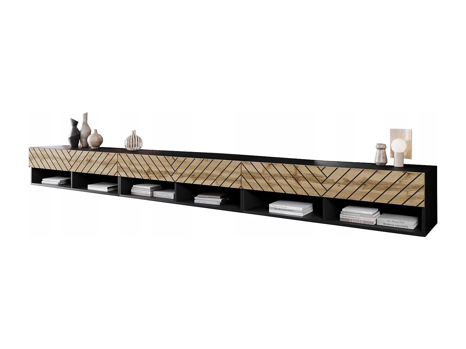 Meuble TV moderne 300 cm – corps noir mat, façades chêne Wotan noir MDF motif chevron, posé ou suspendu