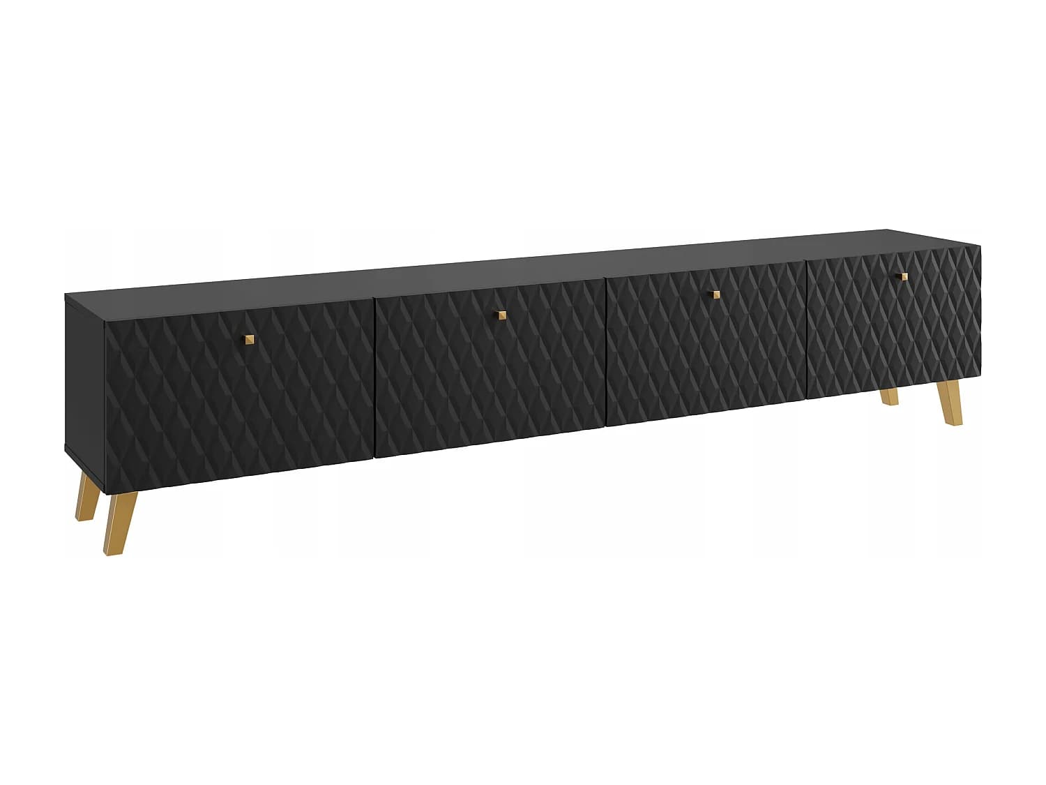 Meuble TV moderne 190 cm noir mat, pieds et poignées dorés, façades MDF rainurées en losanges