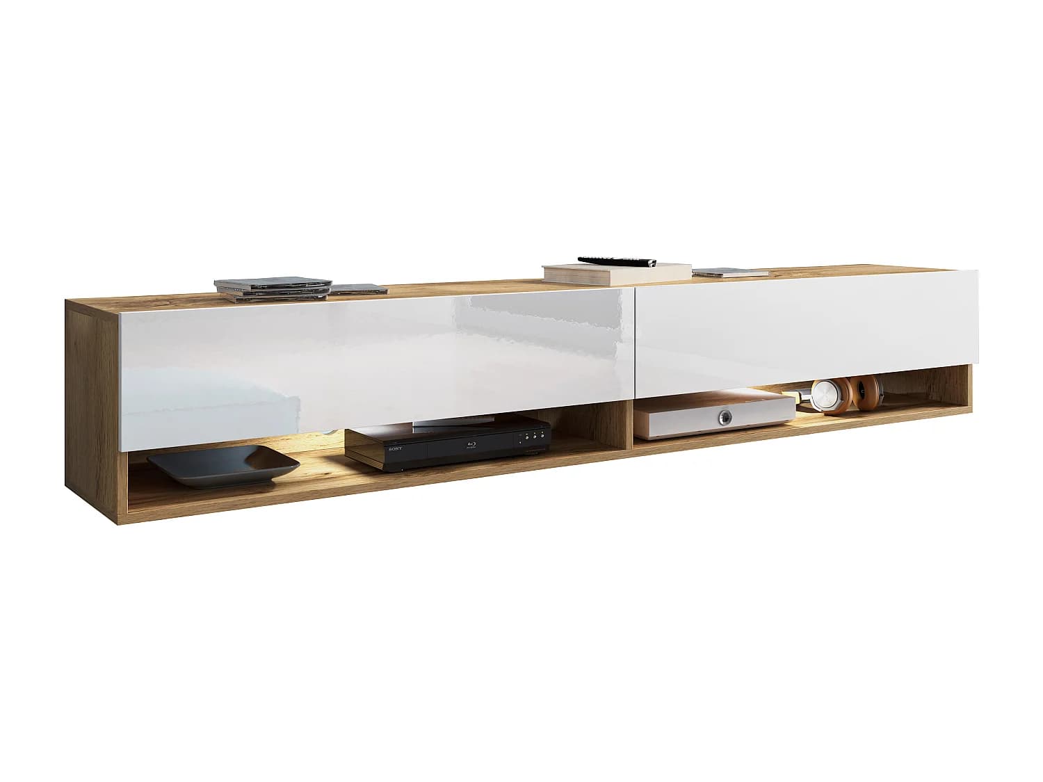 Meuble TV moderne 180 cm – sans poignées, corps chêne Wotan, façades blanc brillant, posé ou suspendu