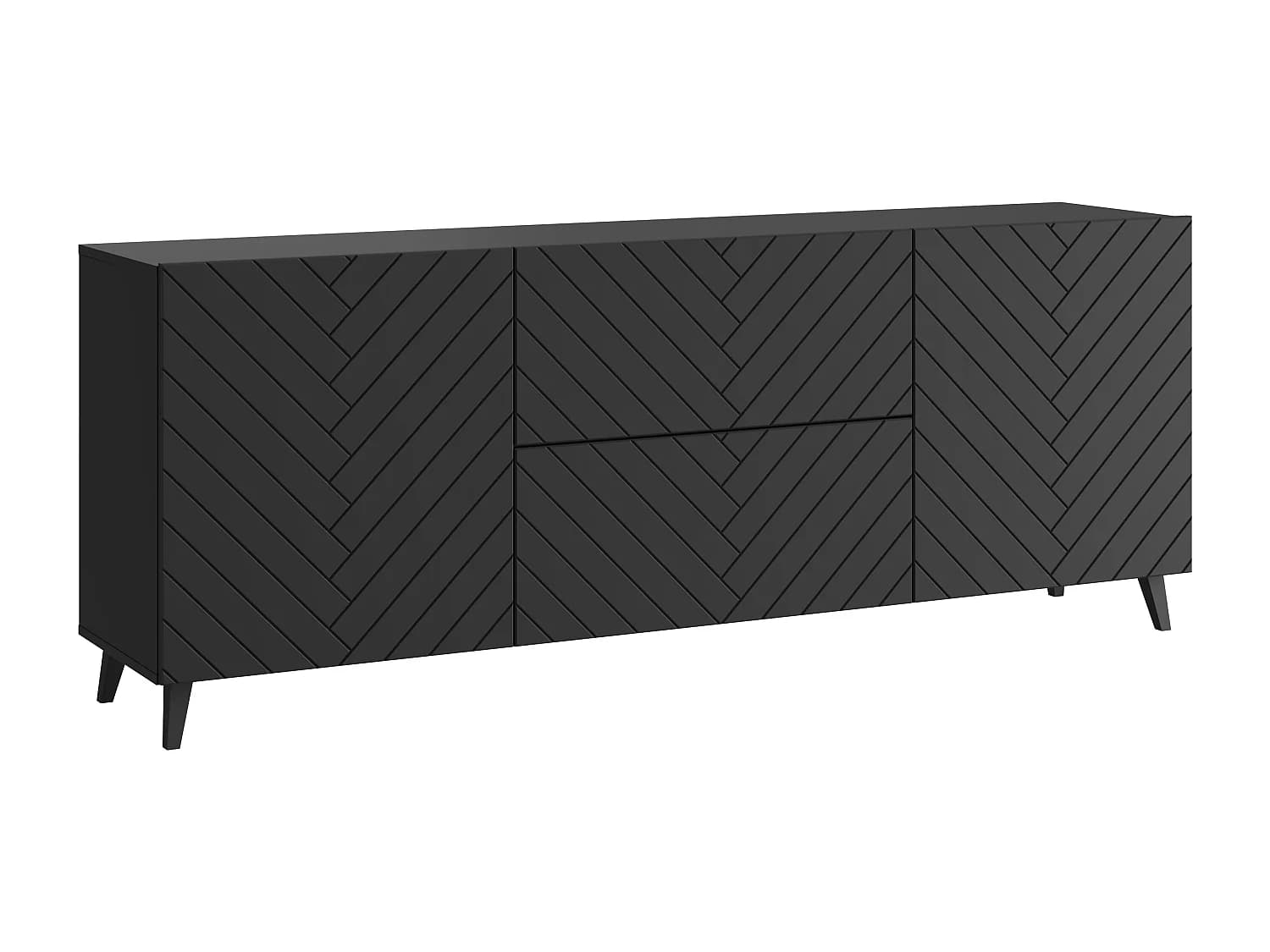 Meuble TV moderne bas 180 cm noir graphite, lowboard avec motif chevrons, 2 tiroirs et 2 armoires latérales