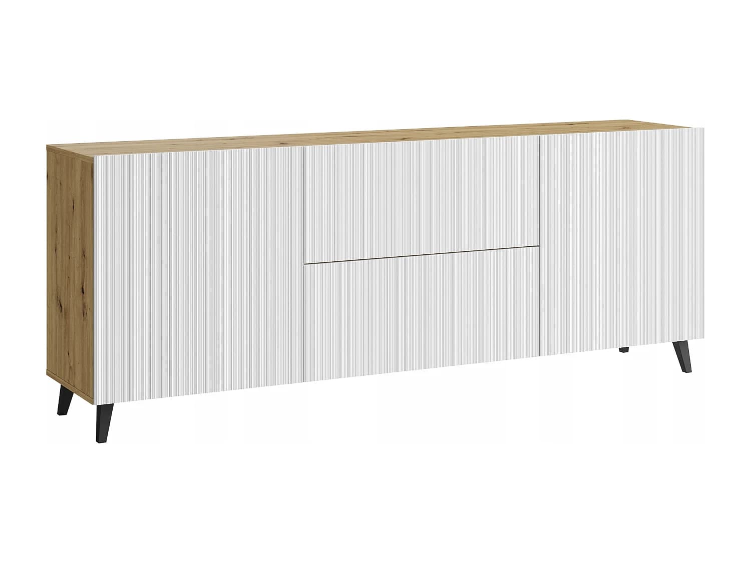 Lowboard moderne 180 cm chêne artisan avec façades blanches rainurées, 2 tiroirs et 2 armoires latérales