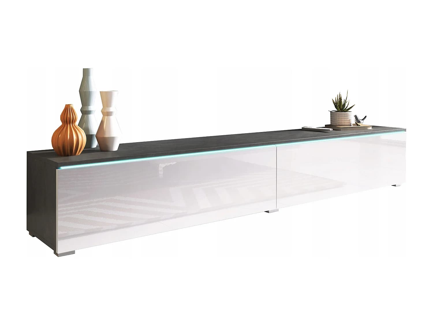 Meuble TV moderne 180 cm pour salon – 2 portes, sans poignées, mat + brillant, à poser ou à suspendre, matera / blanc brillant