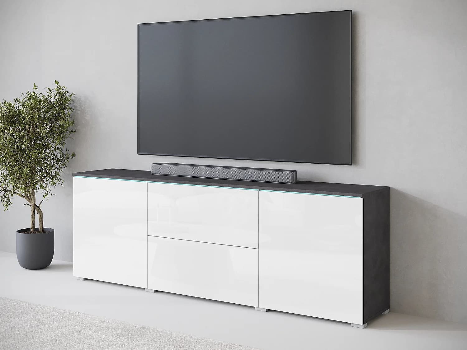 Meuble TV bas moderne 180 cm – meuble TV haut avec tiroirs et étagères, corps anthracite matera, façades blanc brillant