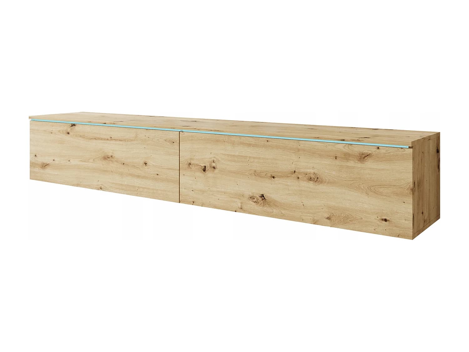 Meuble TV moderne 180 cm pour salon – 2 portes, sans poignées, finition mate, à poser ou à suspendre, chêne artisan