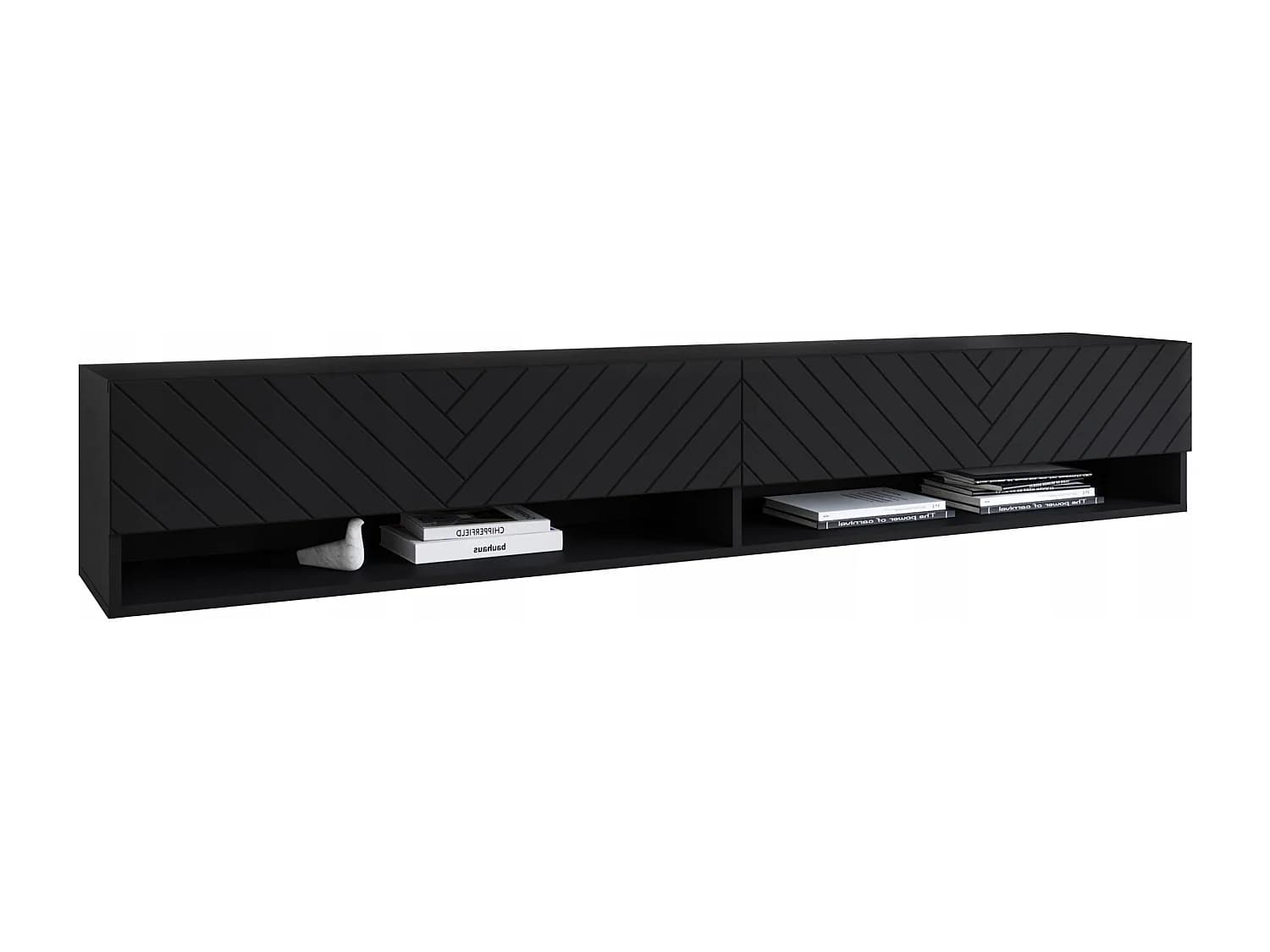 Meuble TV moderne 180 cm – corps mat, façades MDF motif chevrons, sans poignées, posé ou suspendu, couleur graphite noir mat