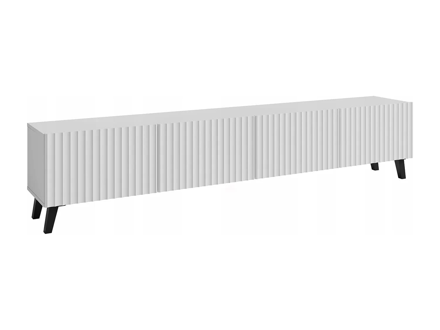 Meuble TV moderne 190 cm blanc sur pieds pour salon, façades MDF rainurées larges rainures