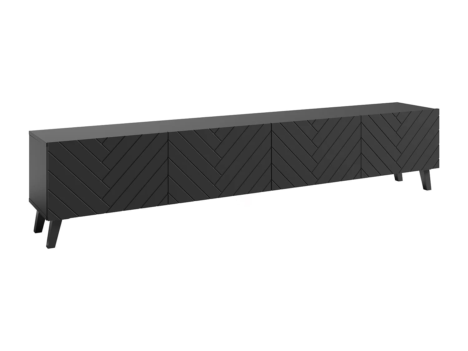 Meuble TV moderne 190 cm sur pieds pour salon, noir graphite mat, façades MDF rainurées en chevrons