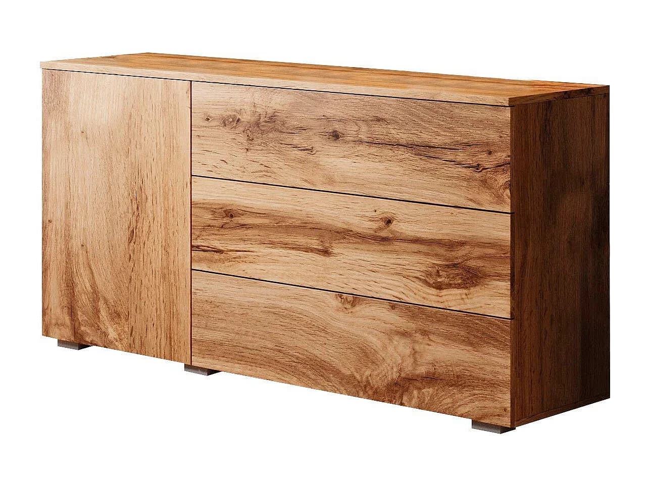 Buffet 110 cm mat pour salon – moderne avec 3 tiroirs et 1 porte chêne wotan